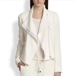 VINCE Womens Tweed Woven Fringe White Moto Zip Up Jacket Sz XS